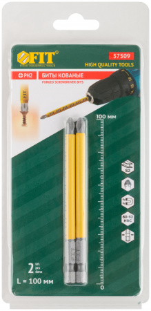 57509 Биты кованые сталь S2 односторонние 100 мм PH2 Профи 2 шт блистер FIT 