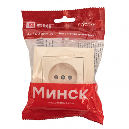Розетка одноместная СП без заземления 10А с защитными шторками бежевый Минск EKF ERR10-022-200