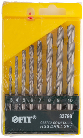 Набор сверл по металлу HSS полированных, 8 шт (3-4-5-6-7-8-9-10 мм) FIT 33798