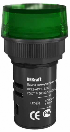 25065DEK Лампа ADDS 22мм зеленая LED 22 24В AC/DC Dekraft 