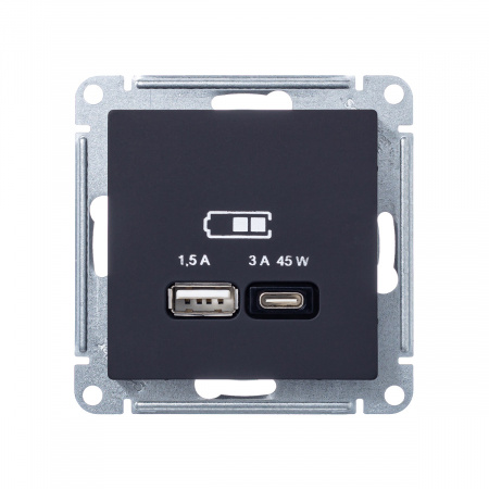 ATLASDESIGN USB РОЗЕТКА A + тип-C 45W высокоскор.заряд. QC, PD, механизм, КАРБОН Systeme Electric ATN001029