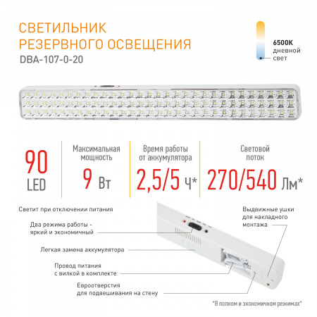 Светильник светодиодный аварийный непостоянный DBA-107-0-20 90LED 4ч IP20 (20/560) ЭРА Б0044404