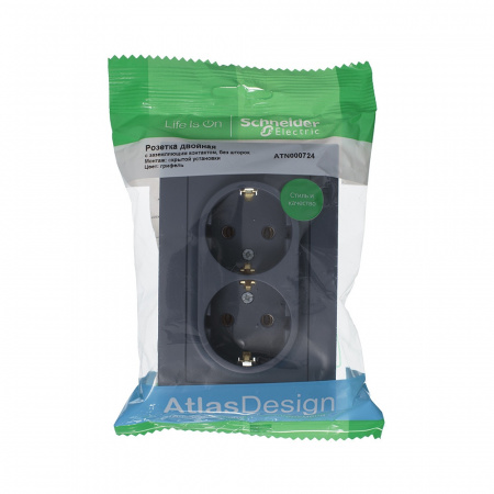 Розетка ATLASDESIGN двойная с заземлением 16А в сборе грифель Systeme Electric ATN000724