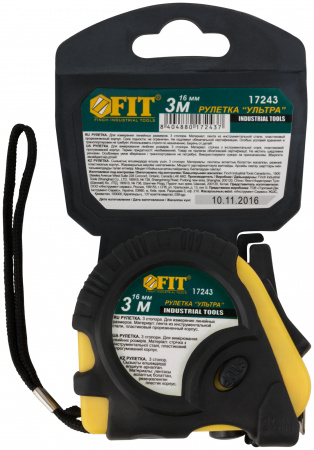Рулетка прорезинен. корпус, тройной стопор ''Ультра'' 3 м x 16 мм FIT 17243