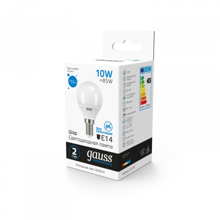 Лампа светодиодная LED 10 Вт 750 лм 6500К AC180-240В E14 шар P45 холодная Elementary GAUSS 53130