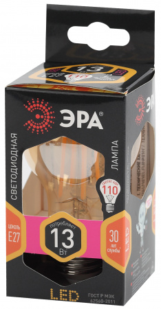 Б0044091 Лампа светодиодная филаментная F-LED A60-13W-827-E27 gold (филамент, груша золот., 13Вт, тепл, Е27) (10/100/1200) ЭРА 