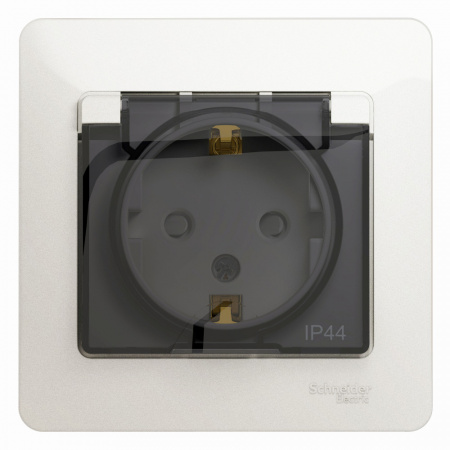 GLOSSA Розетка с заземлением со шторками с крышкой IP44 перламутр в сборе Systeme Electric GSL000648
