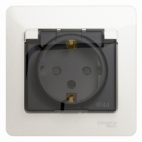 GLOSSA Розетка с заземлением со шторками с крышкой IP44 перламутр в сборе Systeme Electric GSL000648