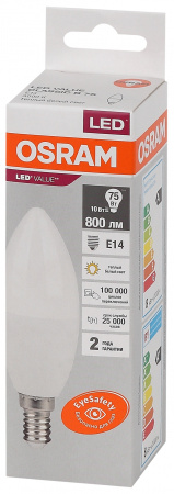 Лампа светодиодная LED 10 Вт E14 3000К 800Лм свеча 220 В (замена 75Вт) OSRAM LEDVANCE 4058075579125