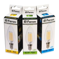 Лампа светодиодная LED 5вт Е14 белый свеча FILAMENT FERON LB-58 25573