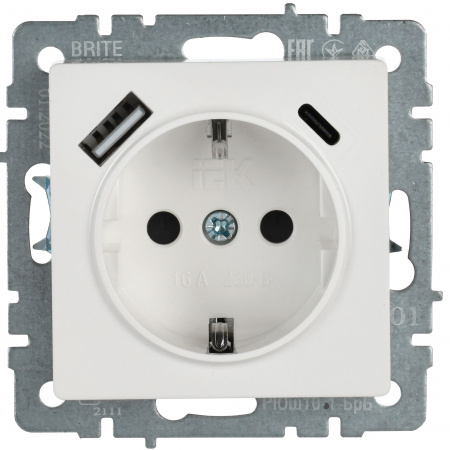 BRITE Розетка с заземлением с защитными шторками 16А с USB A+C 18Вт РЮш11-1-БрБ белый IEK BR-R14-16-U22-018-K01