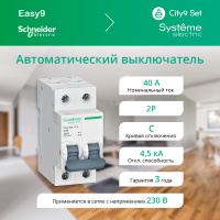 Выключатель автоматический двухполюсный 40А С 4.5kA 230В City9 Set Systeme Electric C9F34240