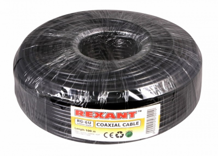 Кабель коаксиальный RG-6U, 75 Ом, CCS/Al/Al, 64%, бухта 100 м, черный OUTDOOR, REXANT 01-2202