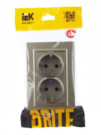 BRITE Розетка двойная с заземлением без защитных шторок 16А в сборе РС12-3-БрШ шампань IEK BR-R21-16-K37-F