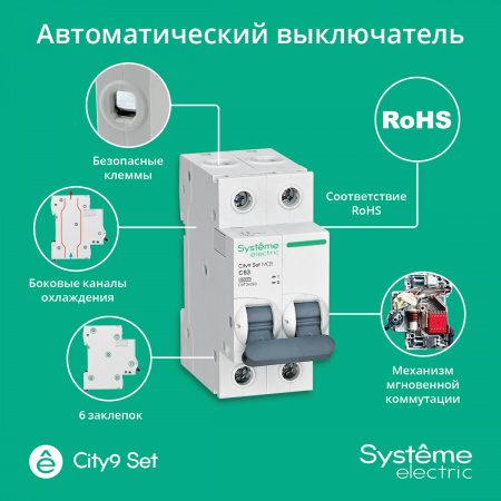 Выключатель автоматический двухполюсный 63А С 4.5kA 230В City9 Set Systeme Electric C9F34263