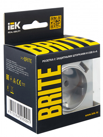 BRITE Розетка с заземлением с защитными шторками 16А с USB A+A 2.1А РЮш10-1-БрА алюминий IEK BR-R14-16-U21-D21-K47