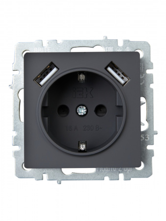 BRITE Розетка 1 пост с заземлением с защитными шторками 16А с USB A+A 5В 3.1А РЮш10-2-БрГ графит IEK BR-R14-16-U21-D31-K53