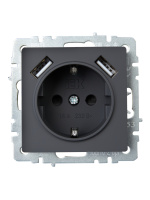 BRITE Розетка 1 пост с заземлением с защитными шторками 16А с USB A+A 5В 3.1А РЮш10-2-БрГ графит IEK BR-R14-16-U21-D31-K53