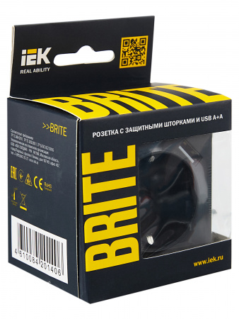 BRITE Розетка 1 пост с заземлением с защитными шторками 16А с USB A+A 5В 3.1А РЮш10-2-БрГ графит IEK BR-R14-16-U21-D31-K53
