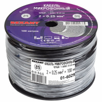 Кабель микрофонный КММ 2х0.25 кв.мм, 6.8 мм, черный, бухта 100 м, REXANT 01-6029