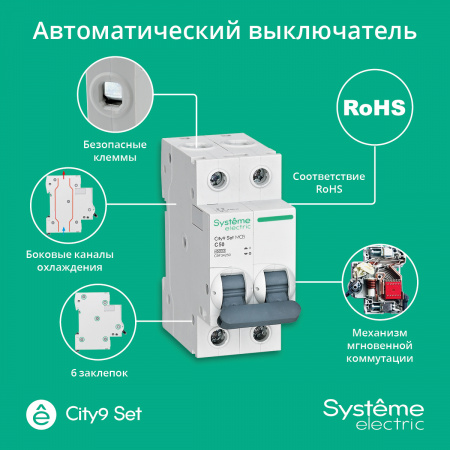Выключатель автоматический двухполюсный 50А С 4.5kA 230В City9 Set Systeme Electric C9F34250