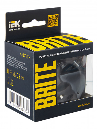 BRITE Розетка с заземлением с защитными шторками 16А с USB A+A 2.1А РЮш10-1-БрЧ черный IEK BR-R14-16-U21-D21-K02