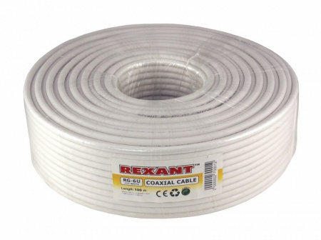 Кабель коаксиальный RG-6U+Cu, 75 Ом, Cu/Al/Cu, 64%, бухта 100 м, белый, REXANT 01-2221