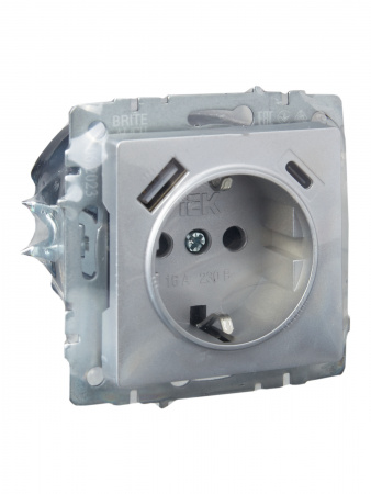 BRITE Розетка с заземлением с защитными шторками 16А с USB A+C 18Вт РЮш11-1-БрА алюминий IEK BR-R14-16-U22-018-K47