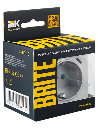 BRITE Розетка с заземлением с защитными шторками 16А с USB A+C 18Вт РЮш11-1-БрА алюминий IEK BR-R14-16-U22-018-K47