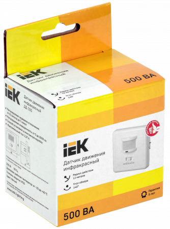 Датчик движения ДД 035 белый, макс. нагрузка 500Вт, угол обзора 140град., дальность 12м, IP20, IEK LDD12-035-500-001