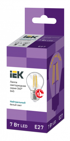 Лампа светодиодная G45 шар прозрачная 7Вт 230В 4000К E27 серия 360° IEK LLF-G45-7-230-40-E27-CL
