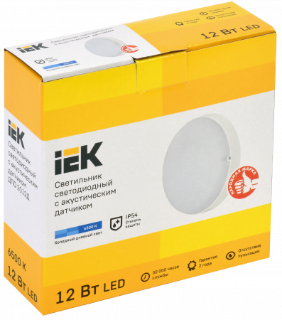 Светильник светодиодный ДПО 2012Д 12Вт IP54 6500К круг белый с акустическим датчиком IEK LDPO3-2012D-12-6500-K01