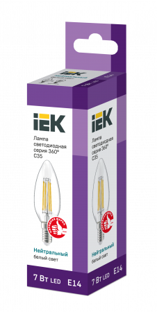 Лампа светодиодная C35 свеча прозрачная 7Вт 230В 4000К E14 серия 360° IEK LLF-C35-7-230-40-E14-CL