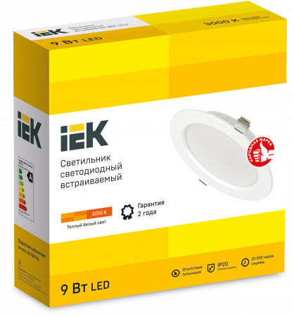 Светильник светодиодный встраиваемый ДВО 1612 белый круг 9Вт 3000К IP20 IEK LDVO0-1612-09-3000-K01