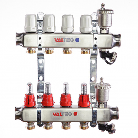 VTc.586.EMNX.0604 Коллекторная группа нержавеющая сталь 1' х 4 выхода 3/4' ЕК с расходомером VALTEC  IV586M604X