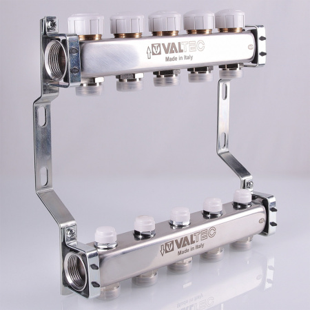 VTc.582.EMNX.0606 Блок коллекторный с ручными регулировочными клапанами 1' x 6 вых+евроконус 3/4' VALTEC 