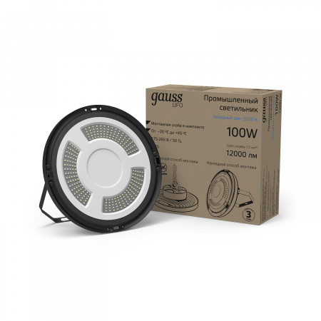 821536300 Светильник промышленный светодиодный LED ДСП 100 Вт 12000 Лм 5000К IP65 D230х88 мм 175-265 В черный скоба крепления в комплекте UFO GAUSS 