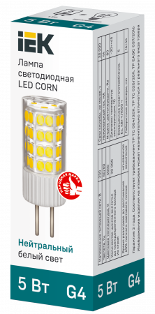 Лампа светодиодная CORN капсула 5Вт 230В 4000К керамика G4 IEK LLE-CORN-5-230-40-G4