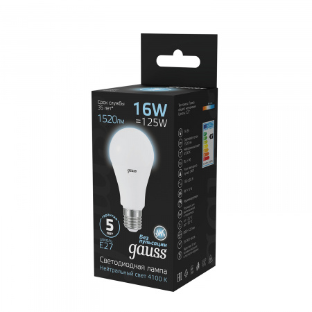Лампа светодиодная LED 16 Вт 1520 лм 4100К AC150-265В E27 А60 (груша) нейтральный  Black Gauss GAUSS 102502216