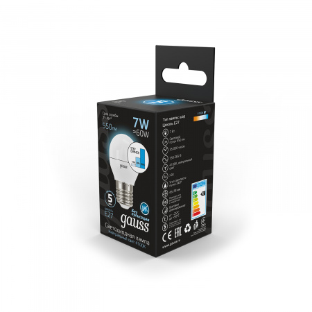 Лампа светодиодная LED 7 Вт 550 лм 4100К AC150-265В E27 шар P45 нейтральный шаговое диммирование выключателем Black GAUSS 105102207-S