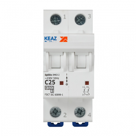 Выключатель автоматический двухполюсный 25А C 4.5кА AC OptiDin BM63-2C25-4.5-УХЛ3 КЭАЗ 326805