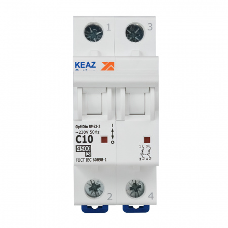 Выключатель автоматический двухполюсный 10А C 4.5кА AC OptiDin BM63-2C10-4.5-УХЛ3 КЭАЗ 326802