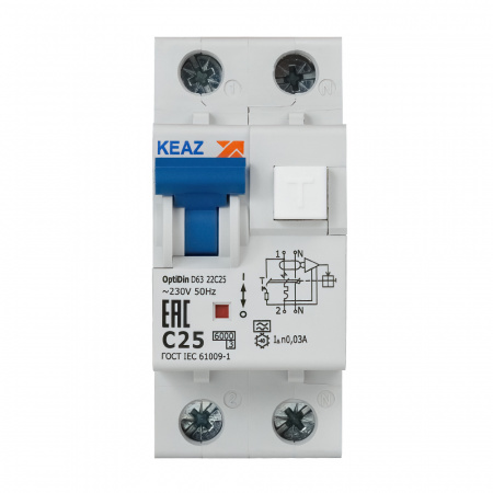 103509 Выключатель автоматический дифференциального тока АВДТ с защитой от сверхтоков 2П 25А 30мА A OptiDin D63-22C25-A-УХЛ4 КЭАЗ 