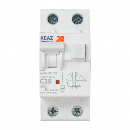 328100 Выключатель автоматический дифференциального тока АВДТ с защитой от сверхтоков 2П 25А 30мА AC 4.5кА OptiDin D63-22C25-AC-У3 КЭАЗ 
