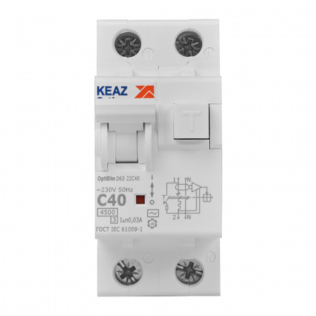 328102 Выключатель автоматический дифференциального тока АВДТ с защитой от сверхтоков 2П 40А 30мА AC 4.5кА OptiDin D63-22C40-AC-У3 КЭАЗ 