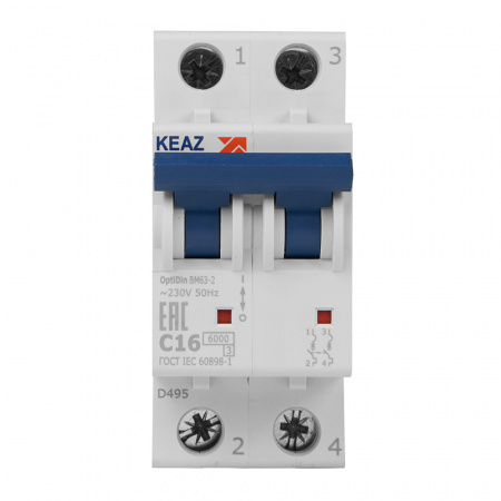 Выключатель автоматический двухполюсный 16А C 6кА AC OptiDin BM63-2C16-УХЛ3 КЭАЗ 260599