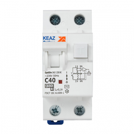 Выключатель автоматический дифференциального тока АВДТ с защитой от сверхтоков 2П 40А 100мА AC 4.5кА OptiDin D63-23C40-AC-У3 КЭАЗ 328109