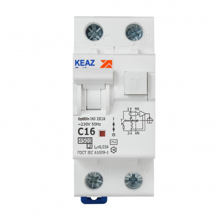 328098 Выключатель автоматический дифференциального тока АВДТ с защитой от сверхтоков 2П 16А 30мА AC 4.5кА OptiDin D63-22C16-AC-У3 КЭАЗ 