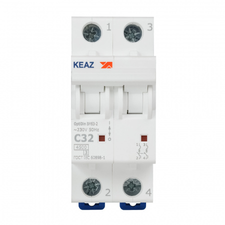 Выключатель автоматический двухполюсный 32А C 4.5кА AC OptiDin BM63-2C32-4.5-УХЛ3 КЭАЗ 326806