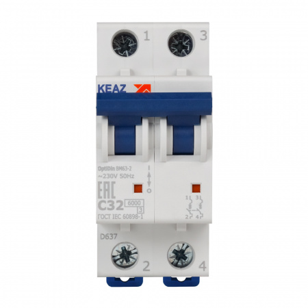 Выключатель автоматический двухполюсный 32А C 6кА AC OptiDin BM63-2C32-УХЛ3 КЭАЗ 260604